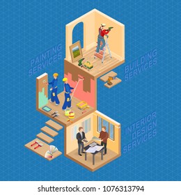 Isometric interior repairs concept. Worker is standing on ladder and is drilling a hole. Decorators are painting the walls with paint roller. Designer and customer. Vector flat 3d illustration.