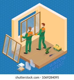 Isometric interior repairs concept. The workers dressed in a green overalls install window in windowhole. Repairers in uniform hold a window. Vector flat 3d illustration.