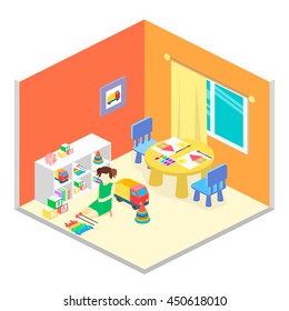 Isometric interior of room in the kindergarten. Children draw. Flat 3D illustration
