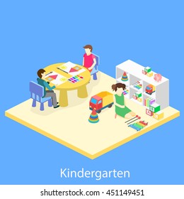 Isometric interior of room in the kindergarten. Children draw