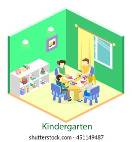 Isometric interior of room in the kindergarten. Children draw