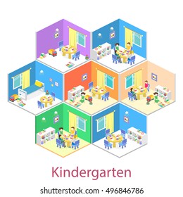 Isometric interior of room in the kindergarten. Children draw. Flat vector 3D illustration