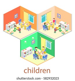 Isometric interior of room in the kindergarten. Children draw. Flat vector 3D illustration