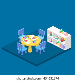 Isometric interior of room in the kindergarten. Flat 3D illustration