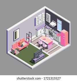 Isometric interior, room and kitchen of a house, cut icon. Home furnishing, wall and floor, window, book, table, television Vector illustration