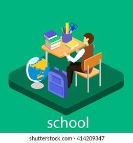 Isometric interior of school. Children learn at school