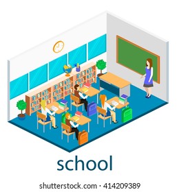 Isometric interior of school. Children learn at school