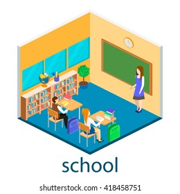 Isometric interior of school. Children learn at school
