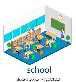Isometric interior of school. Children learn at school