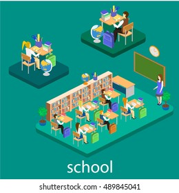 Isometric interior of school. Children learn at school. Flat 3d vector infographic illustration