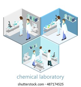 Isometric interior of science laboratory. Flat 3D vector illustration.