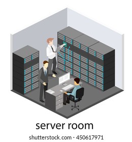 Isometric Interior Of Server Room. Flat 3D Illustration.