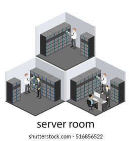 isometric interior of server room. Flat vector 3D illustration.