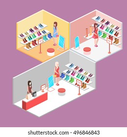 Isometric interior shoe shop. Flat 3D vector illustration