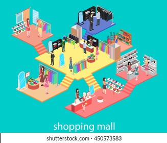 Isometric Interior Of Shopping Mall. Flat 3d Vector Illustration.