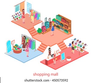 Isometric Interior Of Shopping Mall. Flat 3d Vector Illustration.