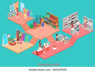 Isometric Interior Of Shopping Mall. Flat 3d Vector Illustration.