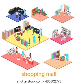 isometric interior of shopping mall. Flat 3d vector illustration.