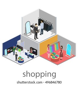 Isometric interior of shopping mall. Flat 3D vector illustration.