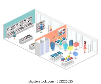 Isometric Interior Of Shopping Mall. Flat 3d Vector Illustration.