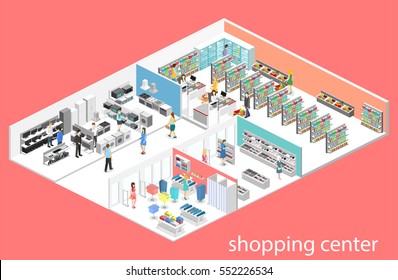 isometric interior shopping mall, grocery, computer, household, equipment store. Flat 3d vector illustration