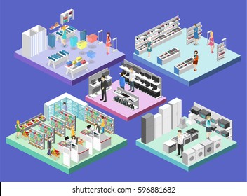 isometric interior shopping mall, grocery, computer, household, equipment store. Flat 3d vector illustration