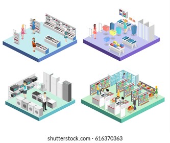 isometric interior shopping mall, grocery, computer, household, equipment store. Flat 3d vector illustration