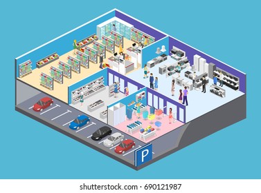 Isometric Interior Shopping Mall, Grocery, Computer, Household, Equipment Store.