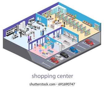 isometric interior shopping mall, grocery, computer, household, equipment store. Flat 3d vector illustration