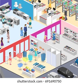 isometric interior shopping mall, grocery, computer, household, equipment store. Flat 3d vector illustration