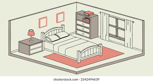 Interior isométrico de um quarto acolhedor simples