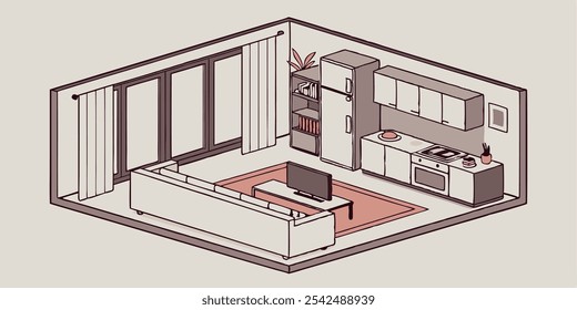 Isometric interior of a studio apartment, design