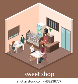 Isometric interior of sweet-shop. Flat 3D illustration