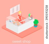 Isometric interior of sweet-shop. People sit at the table and eating.