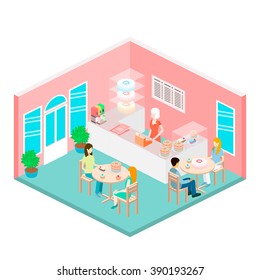 Isometric interior of sweet-shop. People sit at the table and eating.