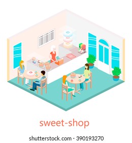 Isometric interior of sweet-shop. People sit at the table and eating.