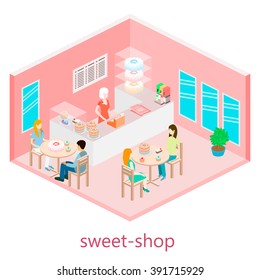 Isometric interior of sweet-shop. People sit at the table and eating.