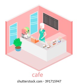 Isometric interior of sweet-shop. People sit at the table and eating.