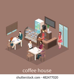 Isometric interior of sweet-shop. People sit at the table and eating. Flat 3D illustration