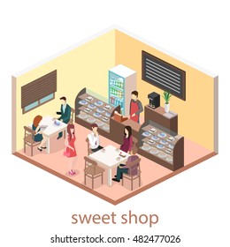 Isometric interior of sweet-shop. People sit at the table and eating. Flat 3D illustration