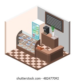 Isometric interior of sweet-shop. People sit at the table and eating. Flat 3D illustration