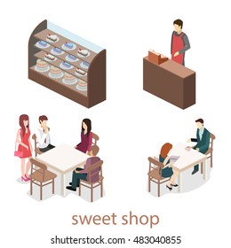 Isometric interior of sweet-shop. People sit at the table and eating. Flat 3D illustration