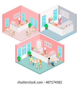 Isometric interior of sweet-shop. People sit at the table and eating.. Flat 3D vector illustration.