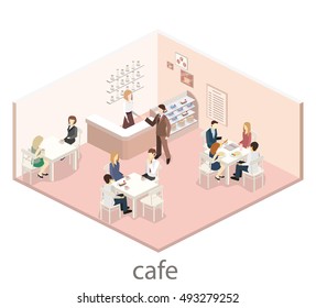 Isometric interior of sweet-shop. People sit at the table and eating. Flat 3D vector illustration