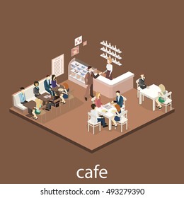 Isometric interior of sweet-shop. People sit at the table and eating. Flat 3D vector illustration
