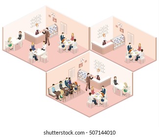 Isometric interior of sweet-shop. People sit at the table and eating. Flat 3D illustration