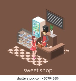 Isometric interior of sweet-shop. People sit at the table and eating. Flat 3D illustartion