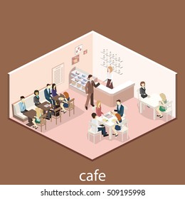 Isometric interior of sweet-shop. People sit at the table and eating. Flat 3D vector illustration