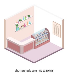 Isometric interior of sweet-shop. People sit at the table and eating. Flat 3D vector illustration
