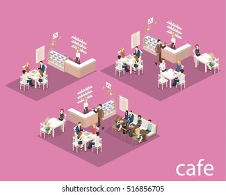 Isometric interior of sweet-shop. People sit at the table and eating. Flat 3D illustration